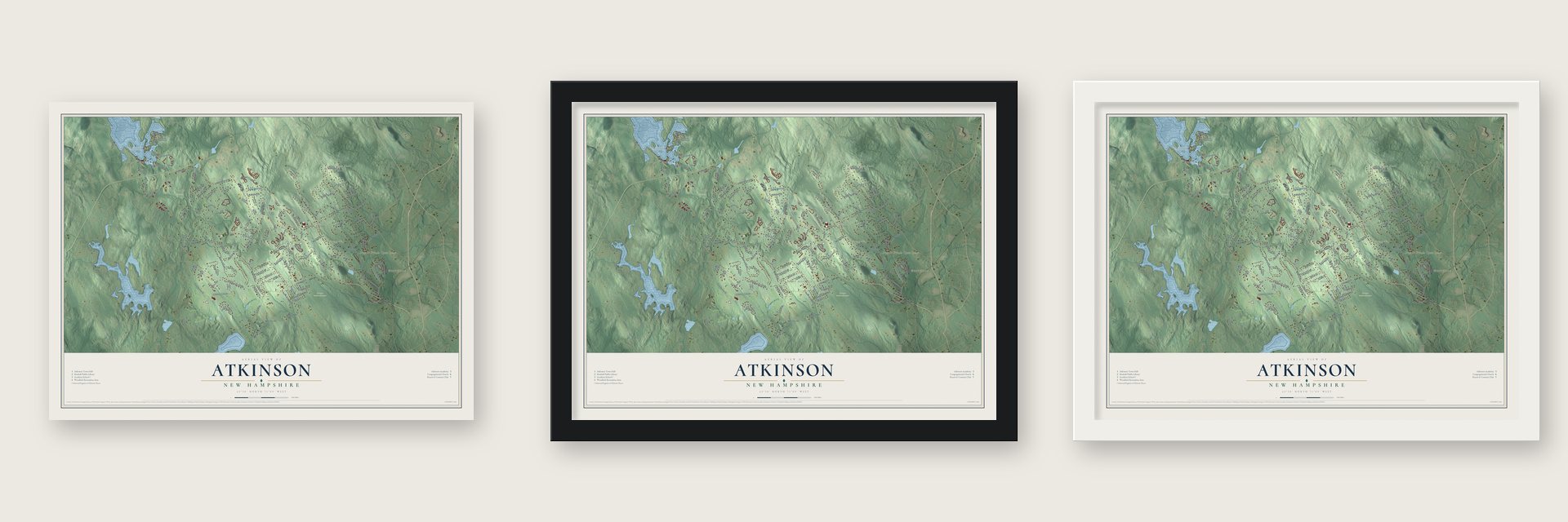 Atkinson, New Hampshire map unframed, in a black wood frame and in a white wood frame