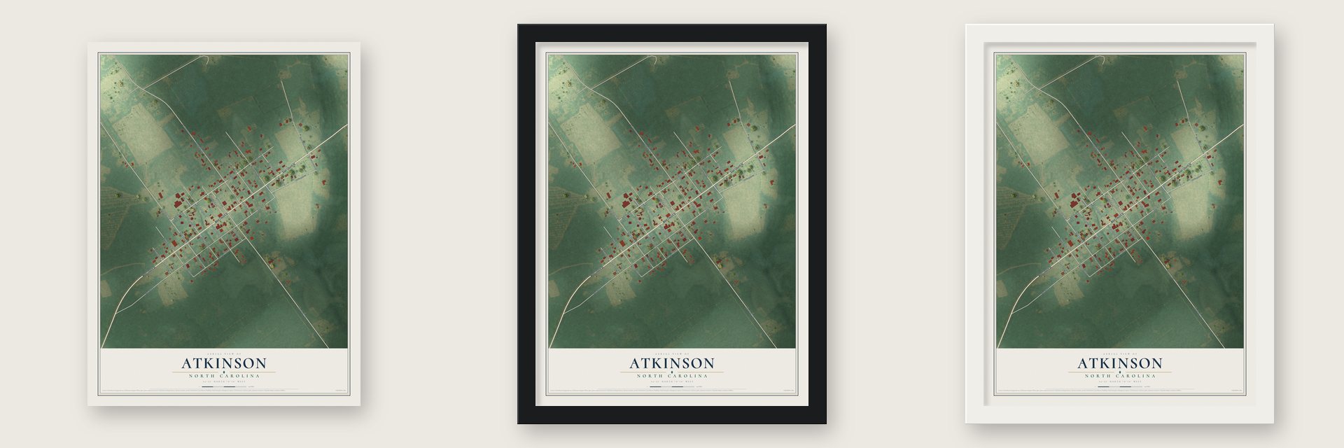 Atkinson, North Carolina map unframed, in a black wood frame and in a white wood frame
