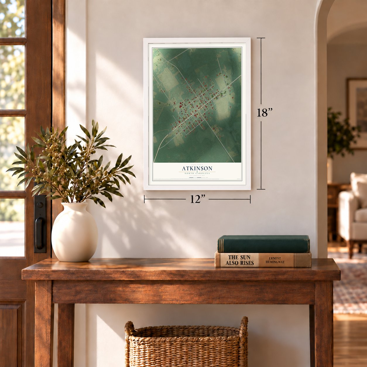 Atkinson, North Carolina map, 12 x 18 inch print in a white frame in an entryway