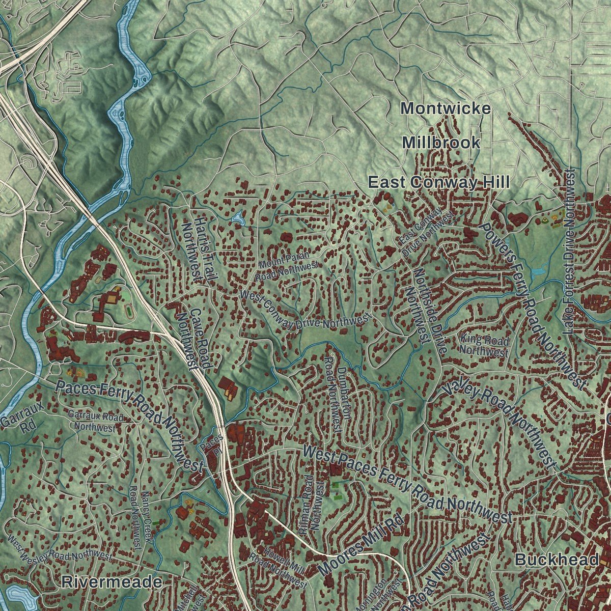 Second close-up of the map of Atlanta, Georgia print showing more streets and buildings