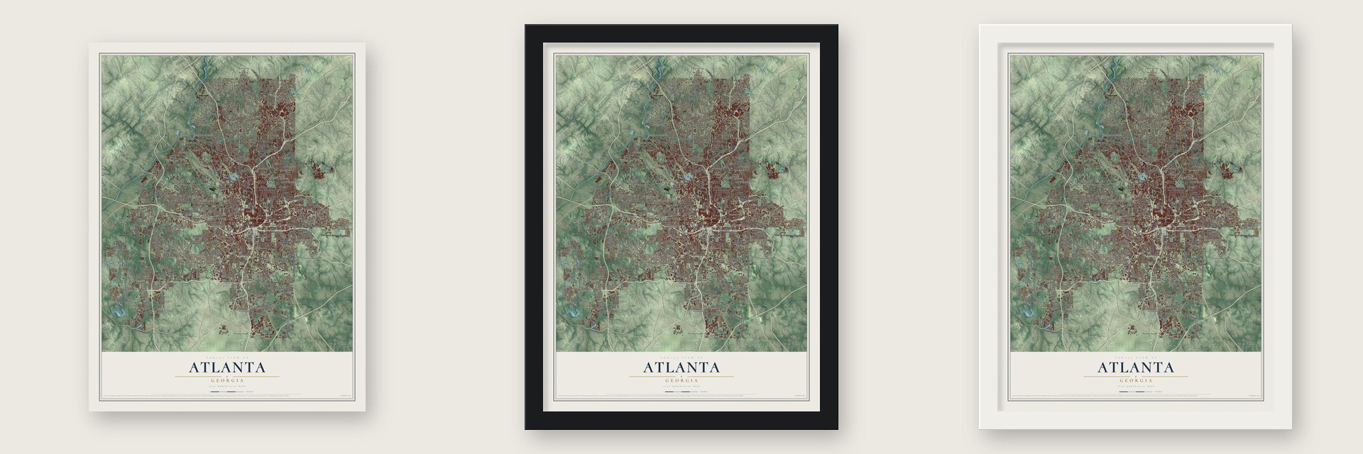 Atlanta, Georgia map unframed, in a black wood frame and in a white wood frame