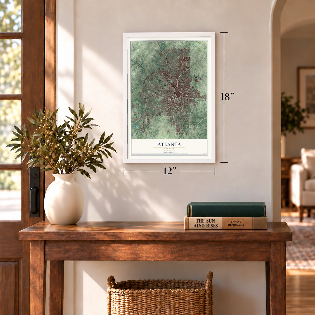 Atlanta, Georgia map, 12 x 18 inch print in a white frame in an entryway
