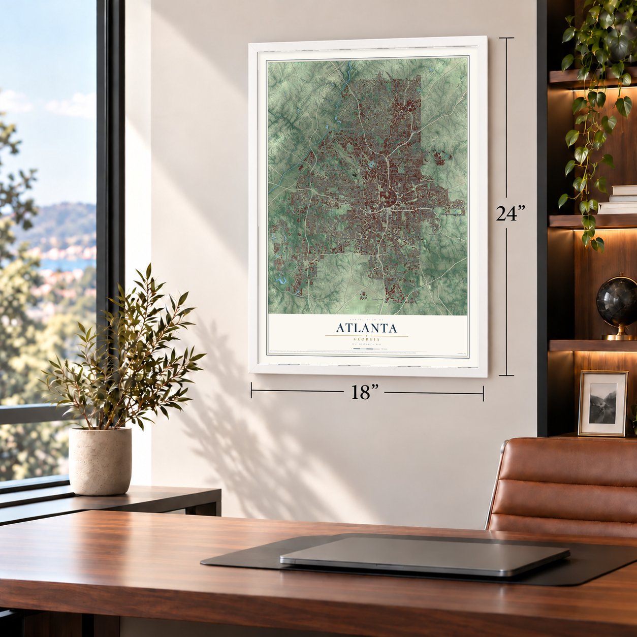 Atlanta, Georgia map, 18 x 24 inch print in a white frame in a home office