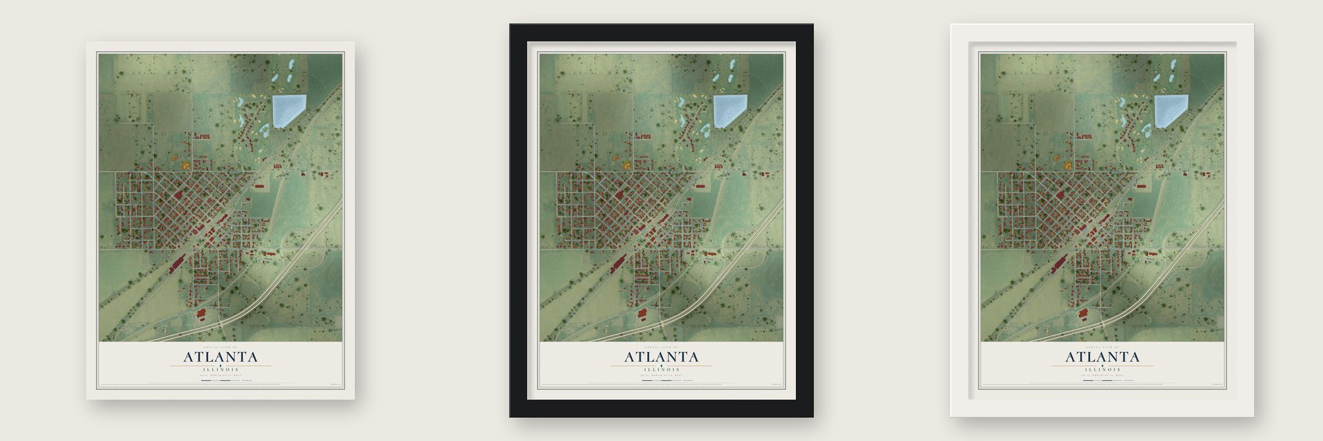 Atlanta, Illinois map unframed, in a black wood frame and in a white wood frame