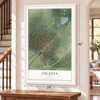 Atlanta, Illinois map, 24 x 36 inch print in a white frame by a staircase