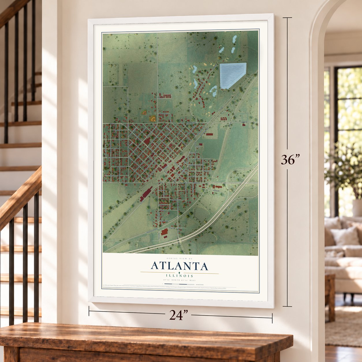 Atlanta, Illinois map, 24 x 36 inch print in a white frame by a staircase