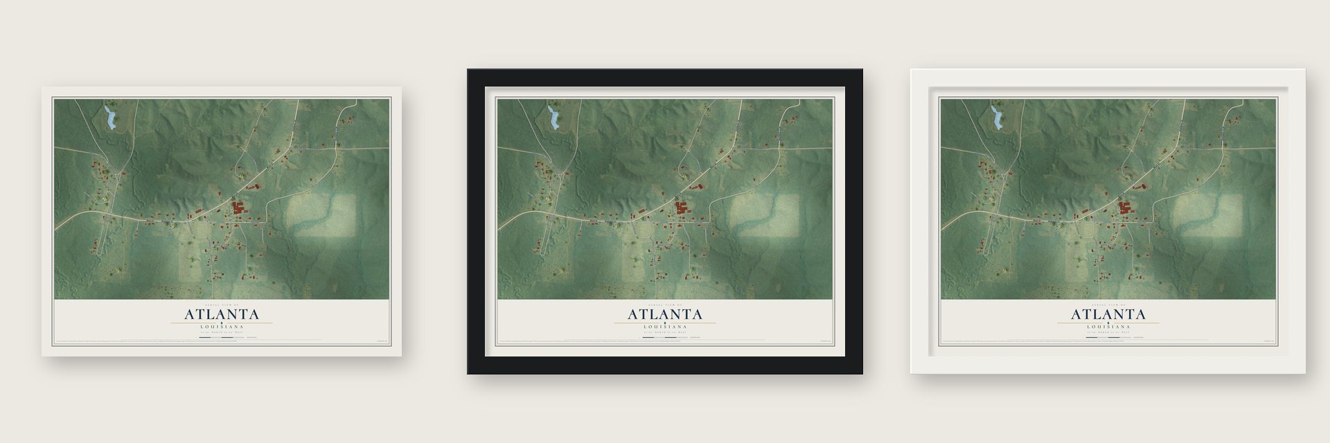 Atlanta, Louisiana map unframed, in a black wood frame and in a white wood frame