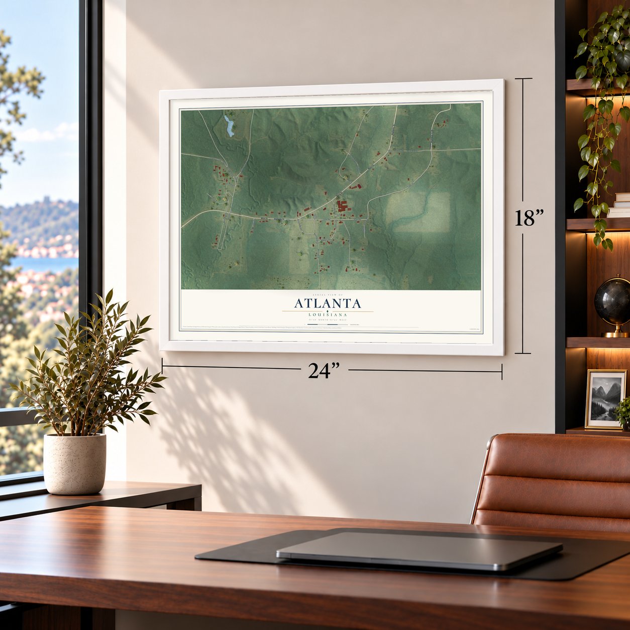 Atlanta, Louisiana map, 18 x 24 inch print in a white frame in a home office