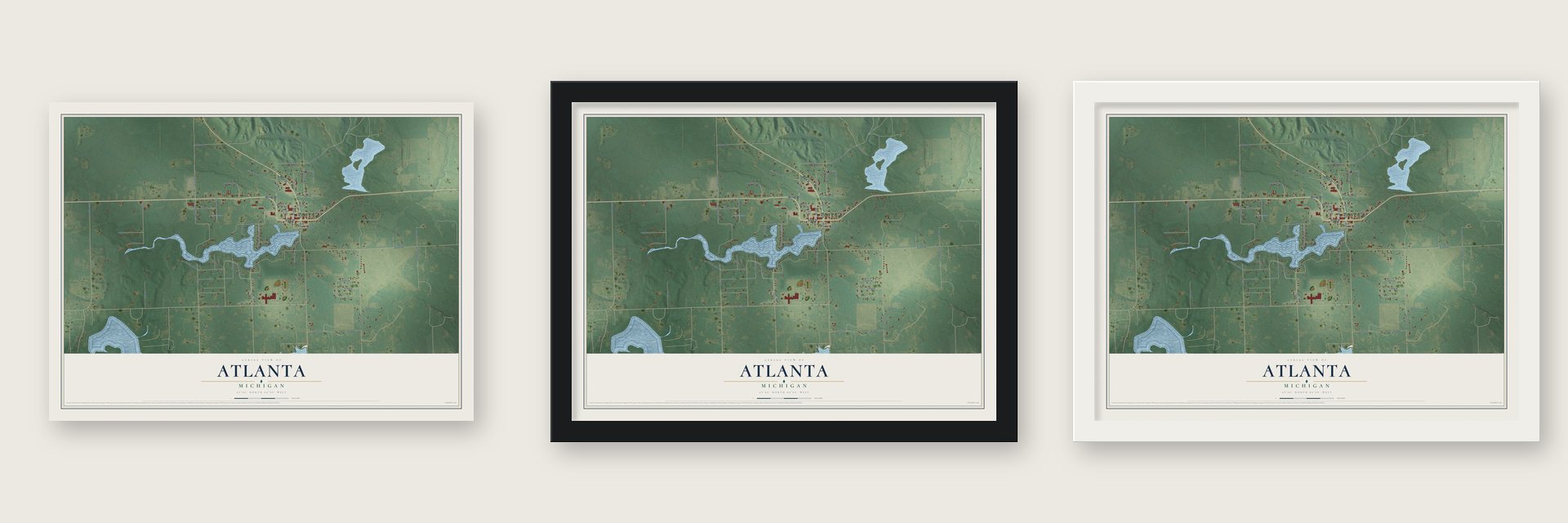 Atlanta, Michigan map unframed, in a black wood frame and in a white wood frame