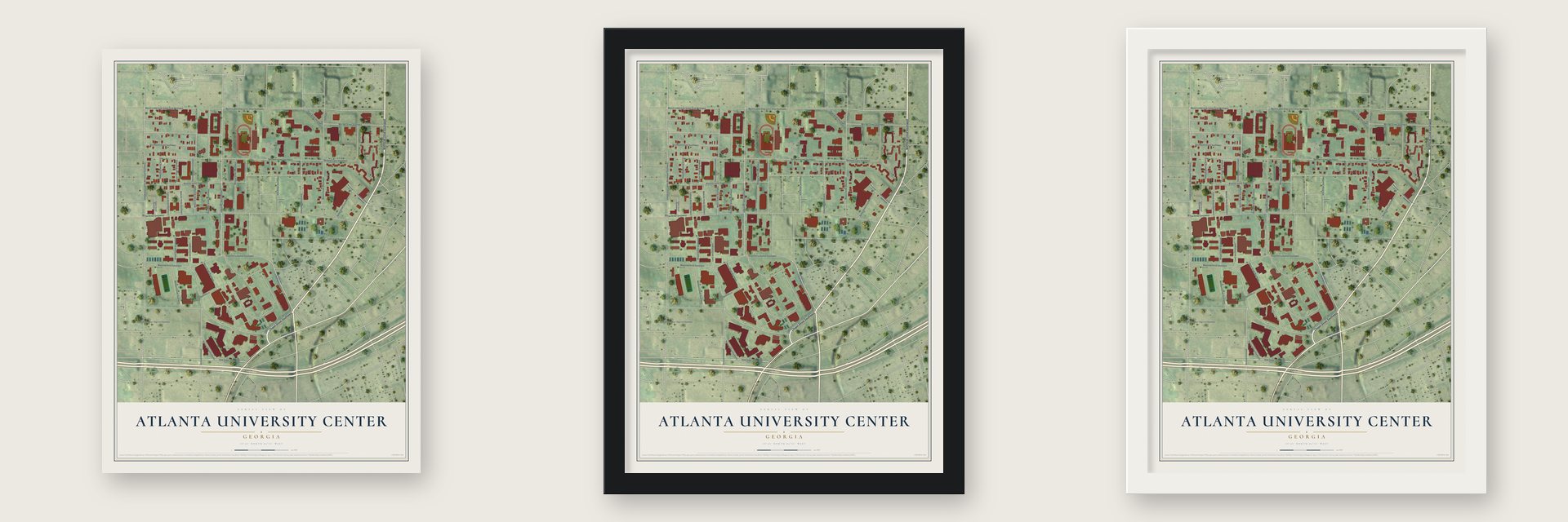 Atlanta University Center, Georgia map unframed, in a black wood frame and in a white wood frame