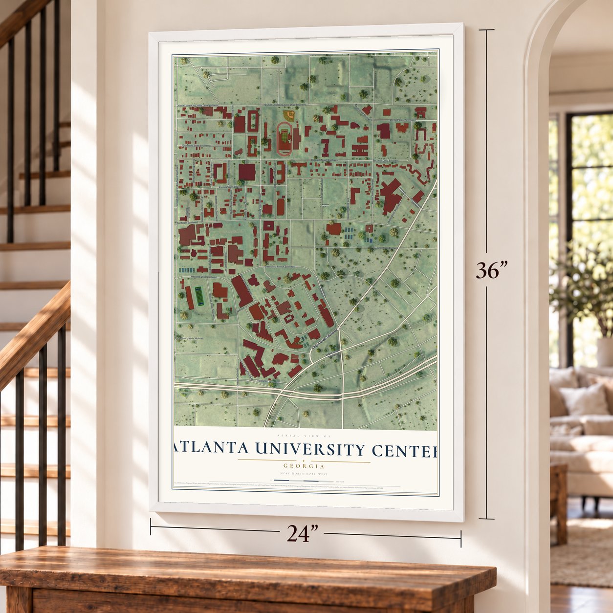 Atlanta University Center, Georgia map, 24 x 36 inch print in a white frame by a staircase
