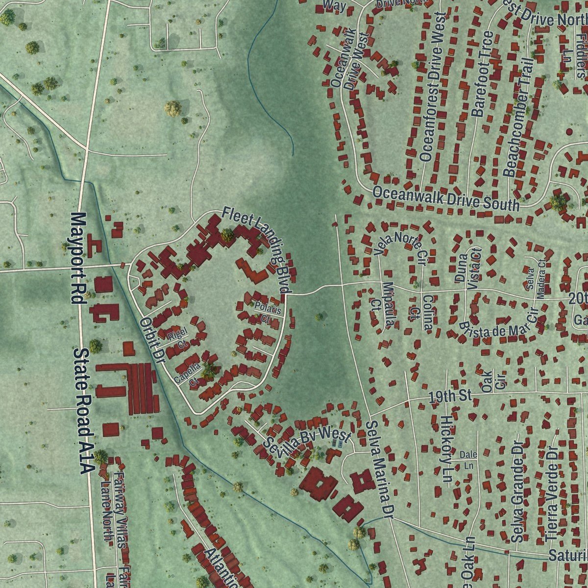 Second close-up of the map of Atlantic Beach, Florida print showing more streets and buildings