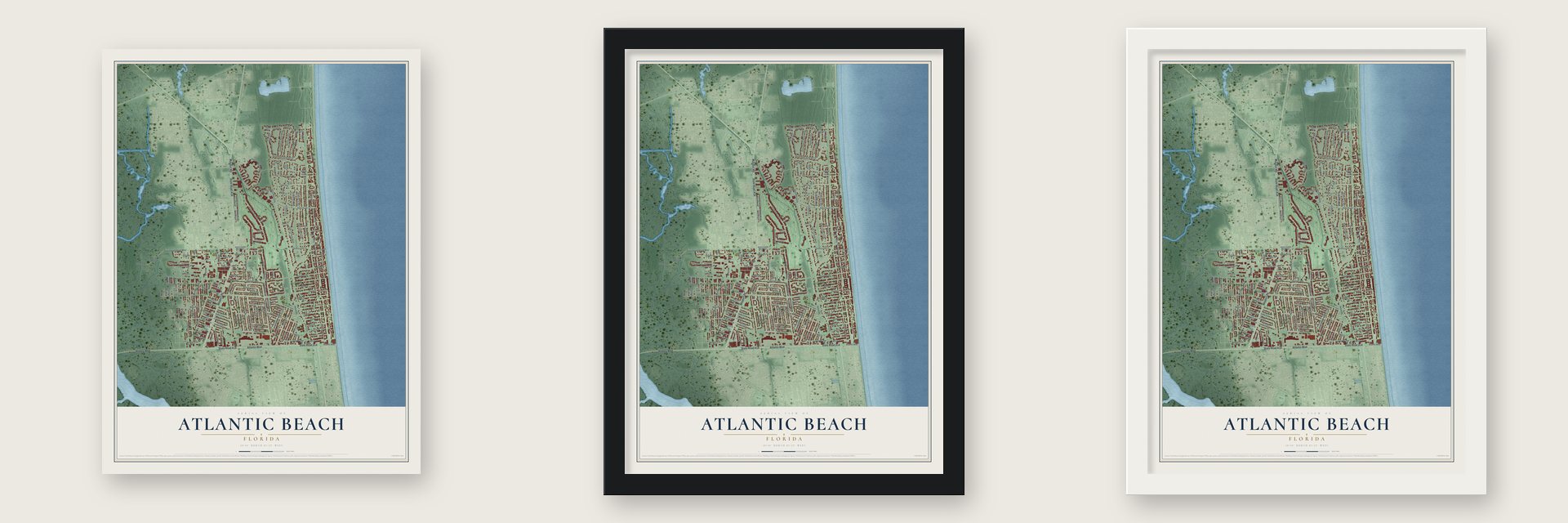 Atlantic Beach, Florida map unframed, in a black wood frame and in a white wood frame