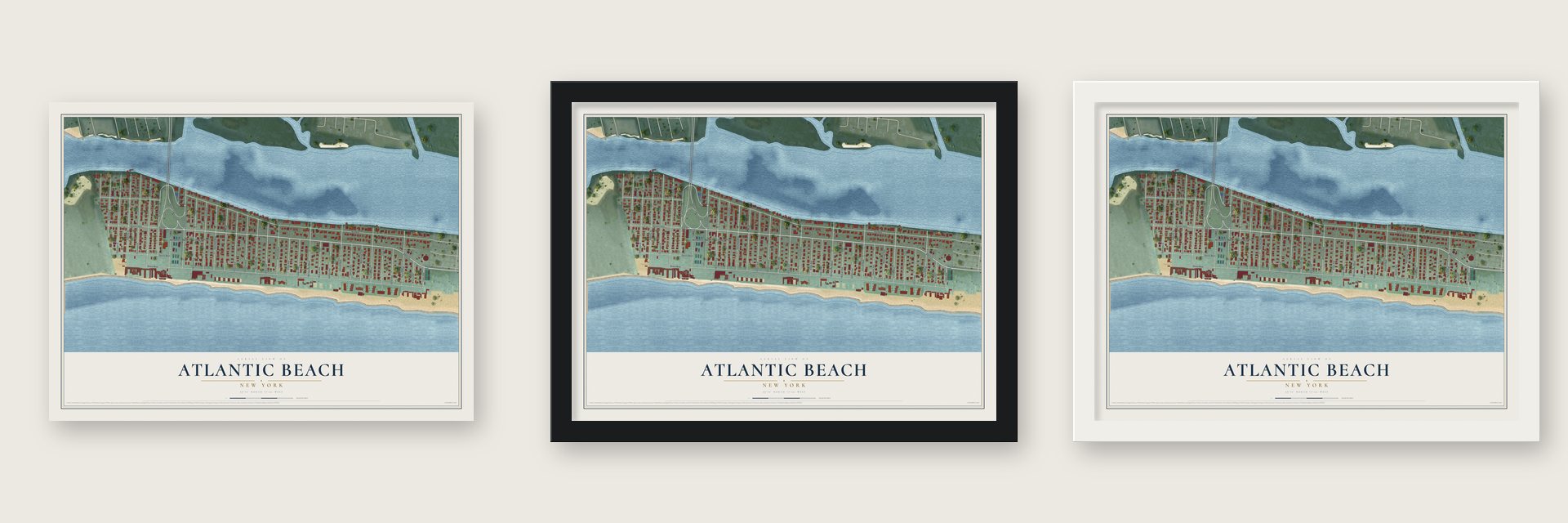 Atlantic Beach, New York map unframed, in a black wood frame and in a white wood frame