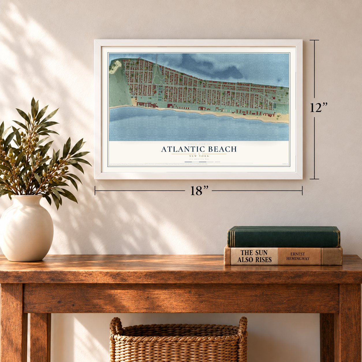 Atlantic Beach, New York map, 12 x 18 inch print in a white frame in an entryway