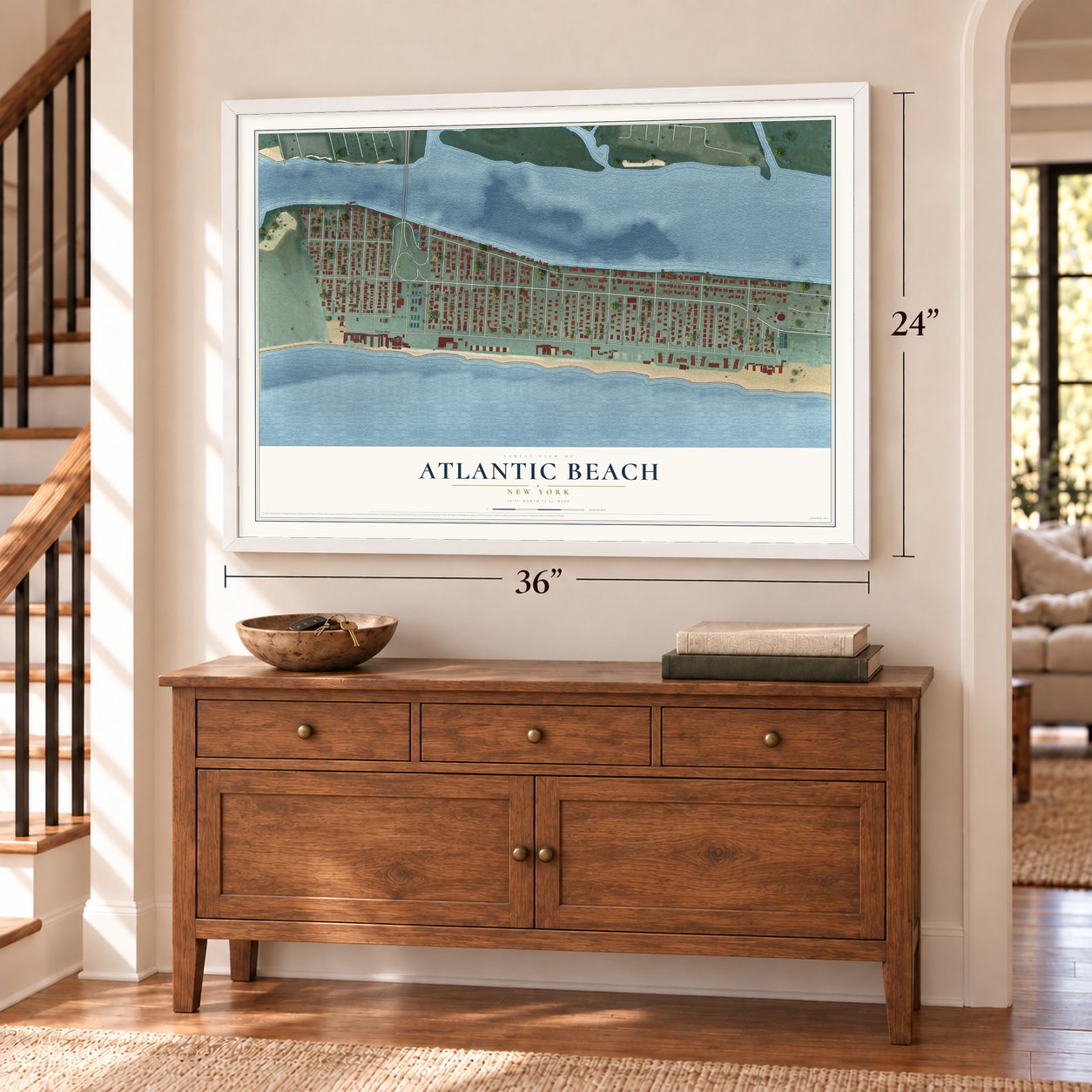 Atlantic Beach, New York map, 24 x 36 inch print in a white frame above a dresser by a staircase