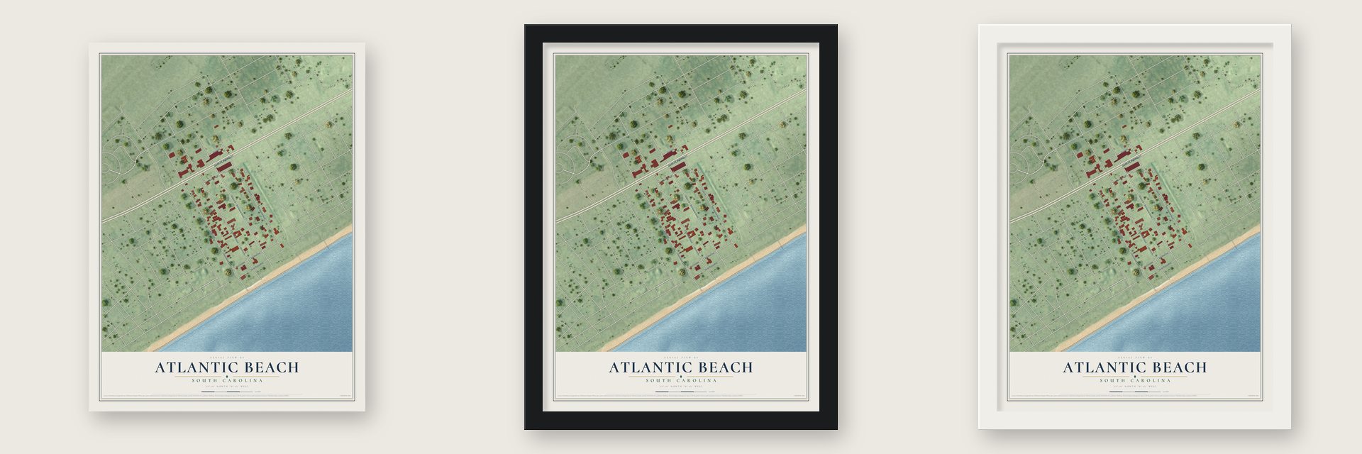 Atlantic Beach, South Carolina map unframed, in a black wood frame and in a white wood frame