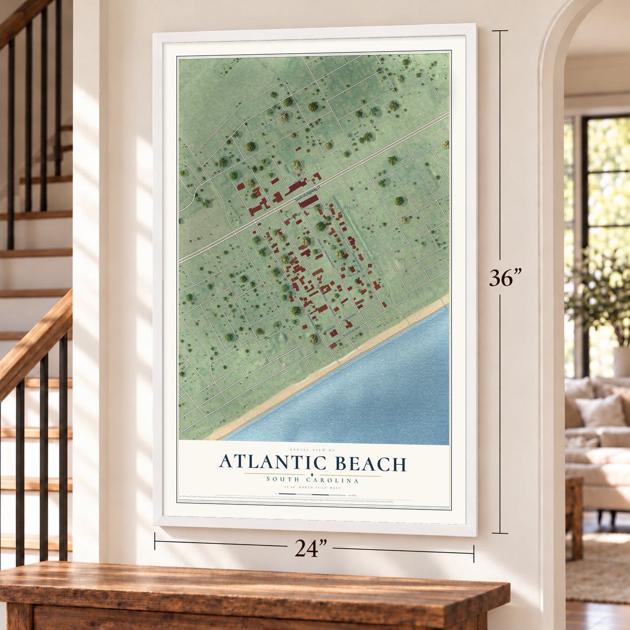 Atlantic Beach, South Carolina map, 24 x 36 inch print in a white frame by a staircase