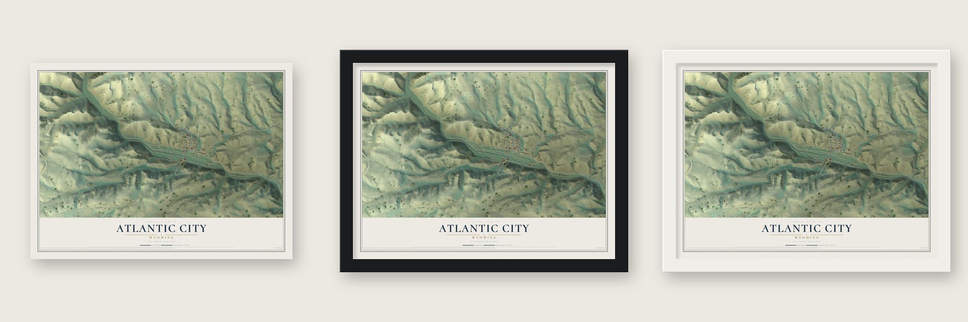 Atlantic City, Wyoming map unframed, in a black wood frame and in a white wood frame