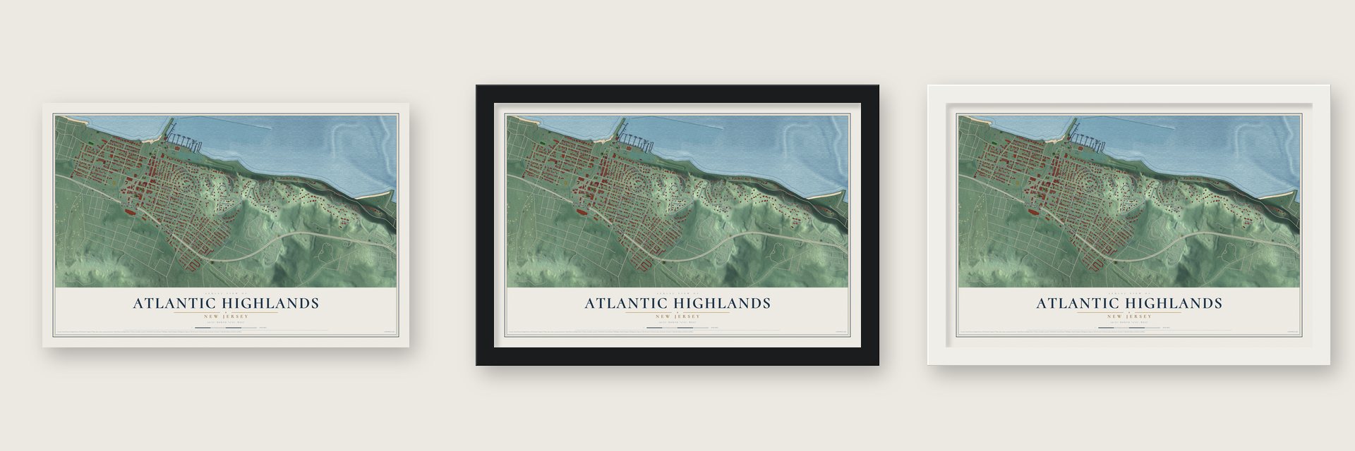 Atlantic Highlands, New Jersey map unframed, in a black wood frame and in a white wood frame