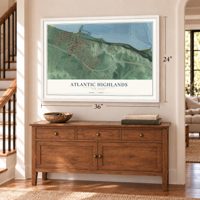 Atlantic Highlands, New Jersey map, 24 x 36 inch print in a white frame above a dresser by a staircase