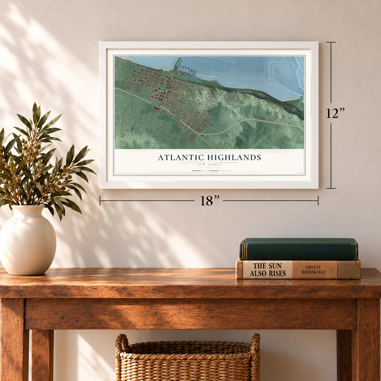 Atlantic Highlands, New Jersey map, 12 x 18 inch print in a white frame in an entryway
