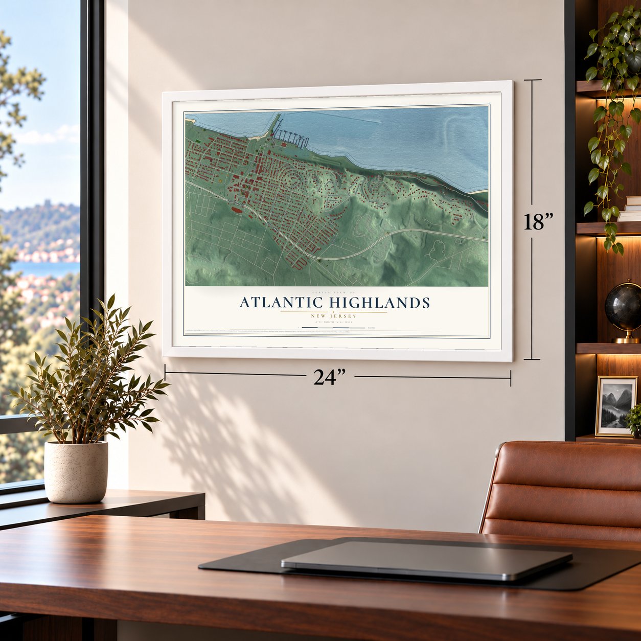 Atlantic Highlands, New Jersey map, 18 x 24 inch print in a white frame in a home office