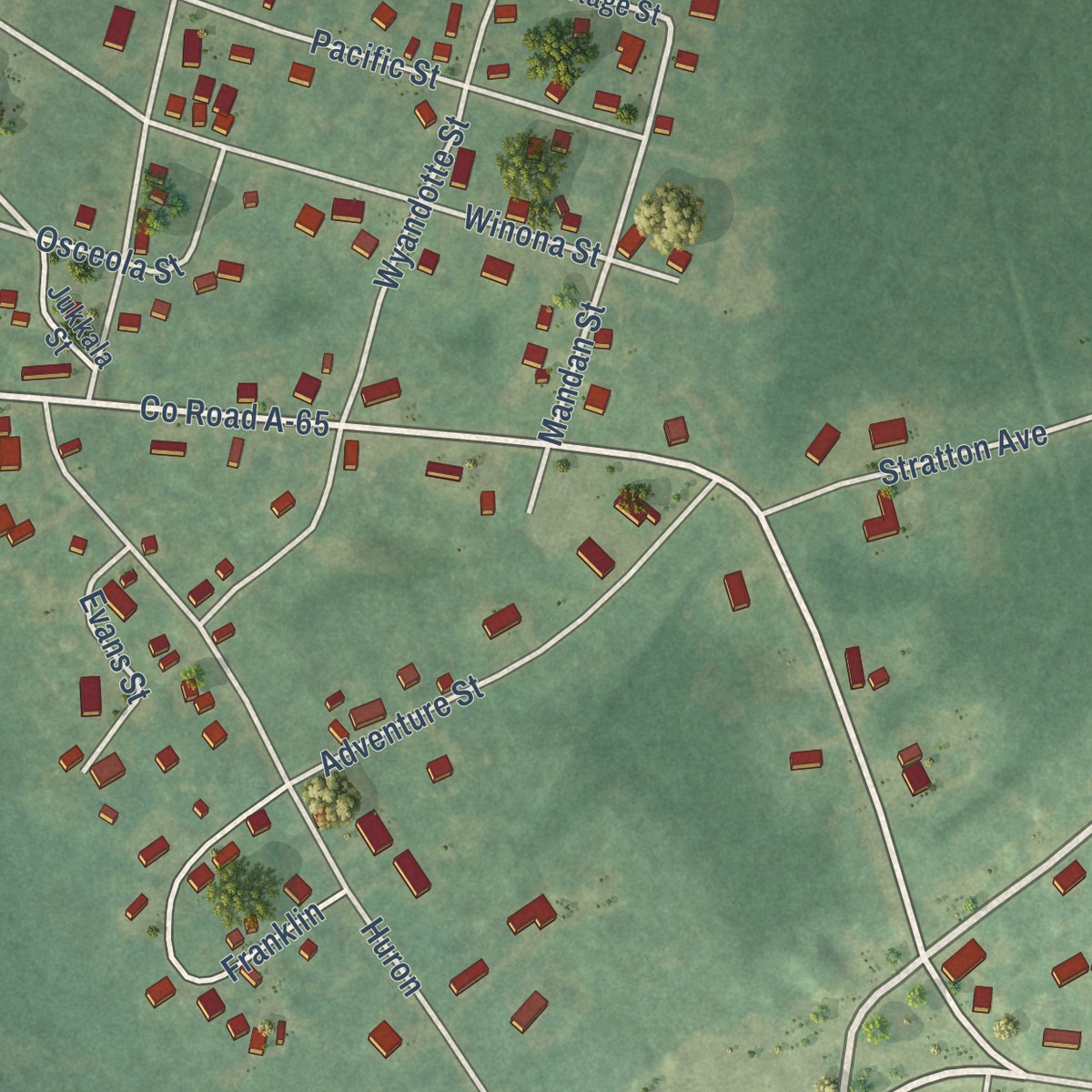 Second close-up of the map of Atlantic Mine, Michigan print showing more streets and buildings