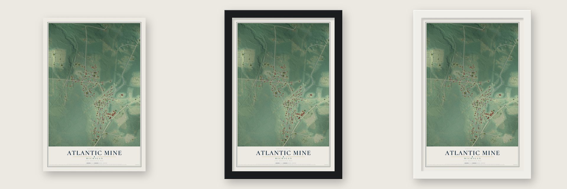Atlantic Mine, Michigan map unframed, in a black wood frame and in a white wood frame
