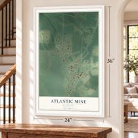 Atlantic Mine, Michigan map, 24 x 36 inch print in a white frame by a staircase