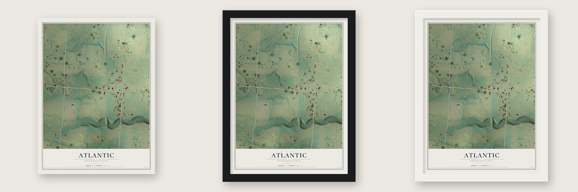 Atlantic, Pennsylvania map unframed, in a black wood frame and in a white wood frame