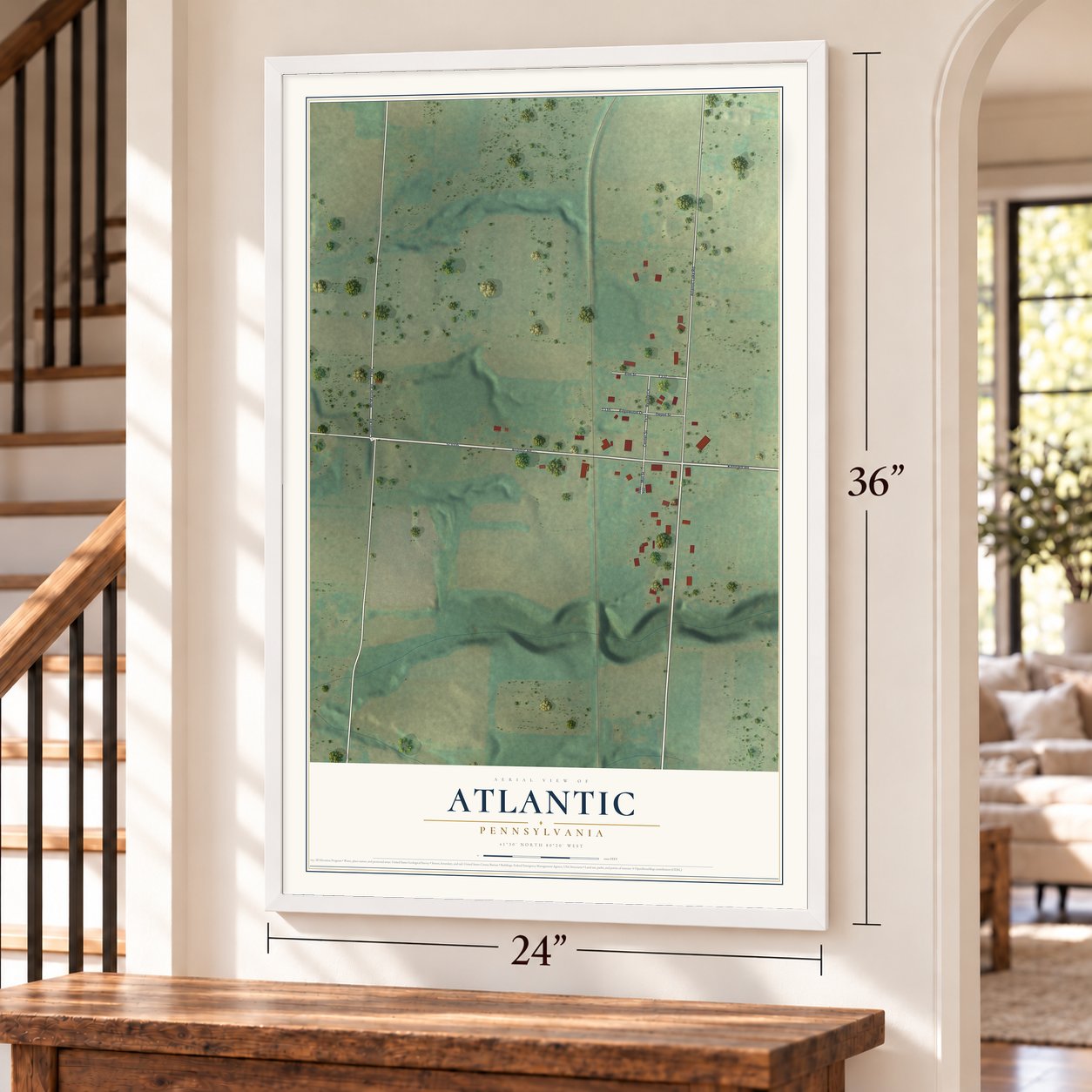 Atlantic, Pennsylvania map, 24 x 36 inch print in a white frame by a staircase