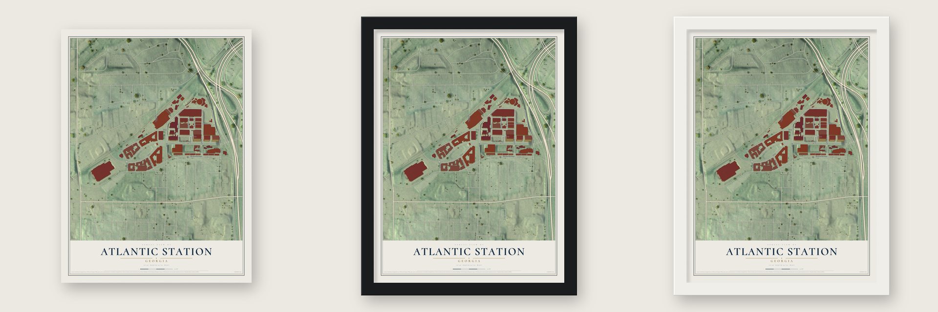 Atlantic Station, Georgia map unframed, in a black wood frame and in a white wood frame