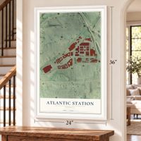 Atlantic Station, Georgia map, 24 x 36 inch print in a white frame by a staircase