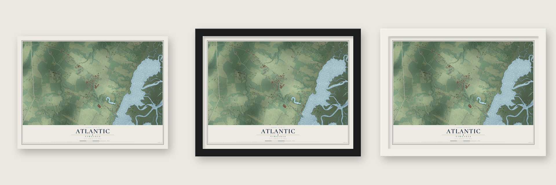 Atlantic, Virginia map unframed, in a black wood frame and in a white wood frame