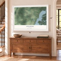 Atlantic, Virginia map, 24 x 36 inch print in a white frame above a dresser by a staircase