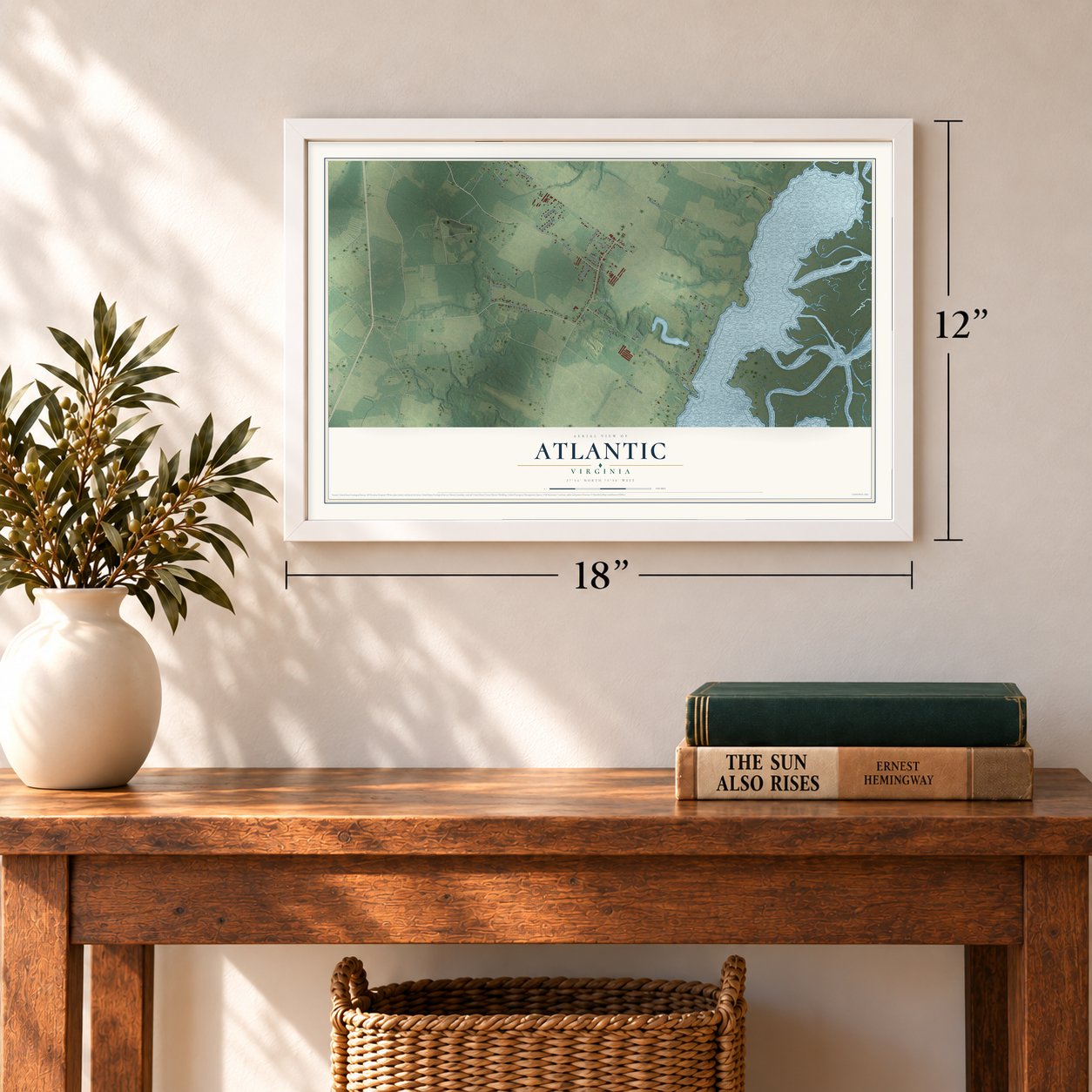 Atlantic, Virginia map, 12 x 18 inch print in a white frame in an entryway
