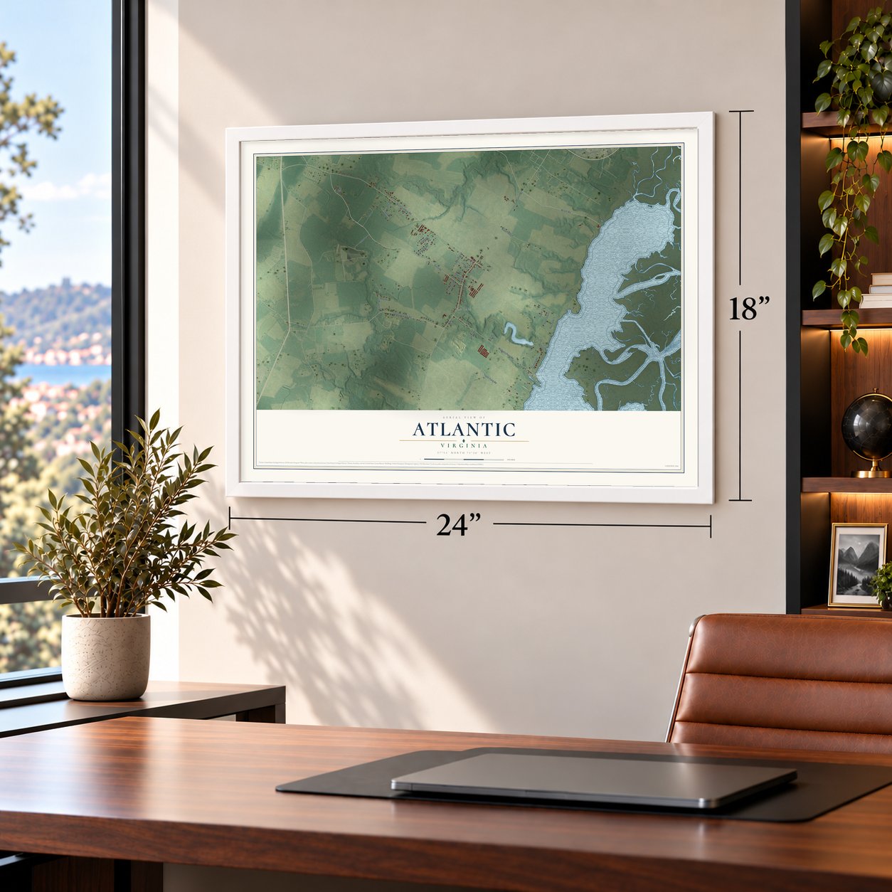 Atlantic, Virginia map, 18 x 24 inch print in a white frame in a home office