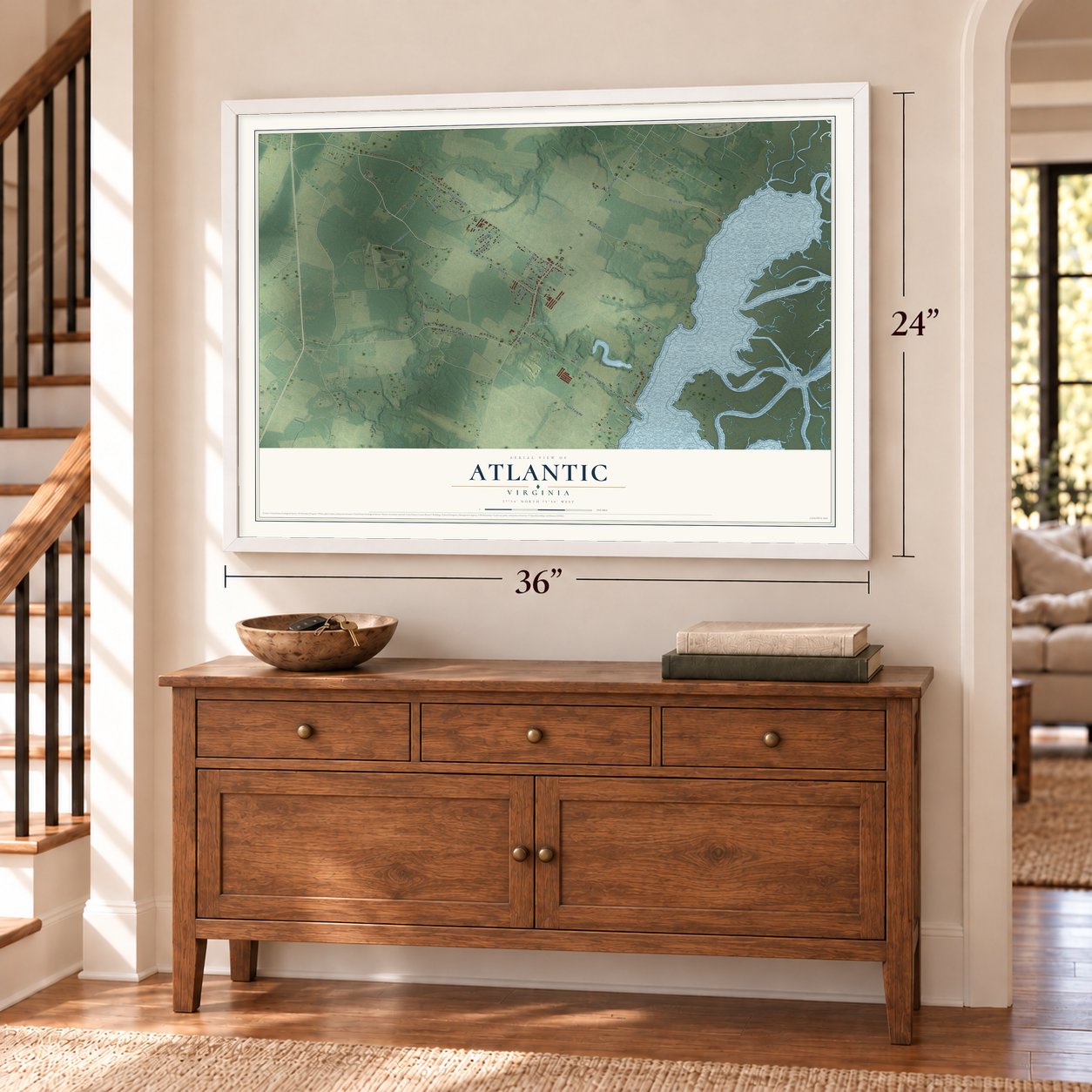 Atlantic, Virginia map, 24 x 36 inch print in a white frame above a dresser by a staircase
