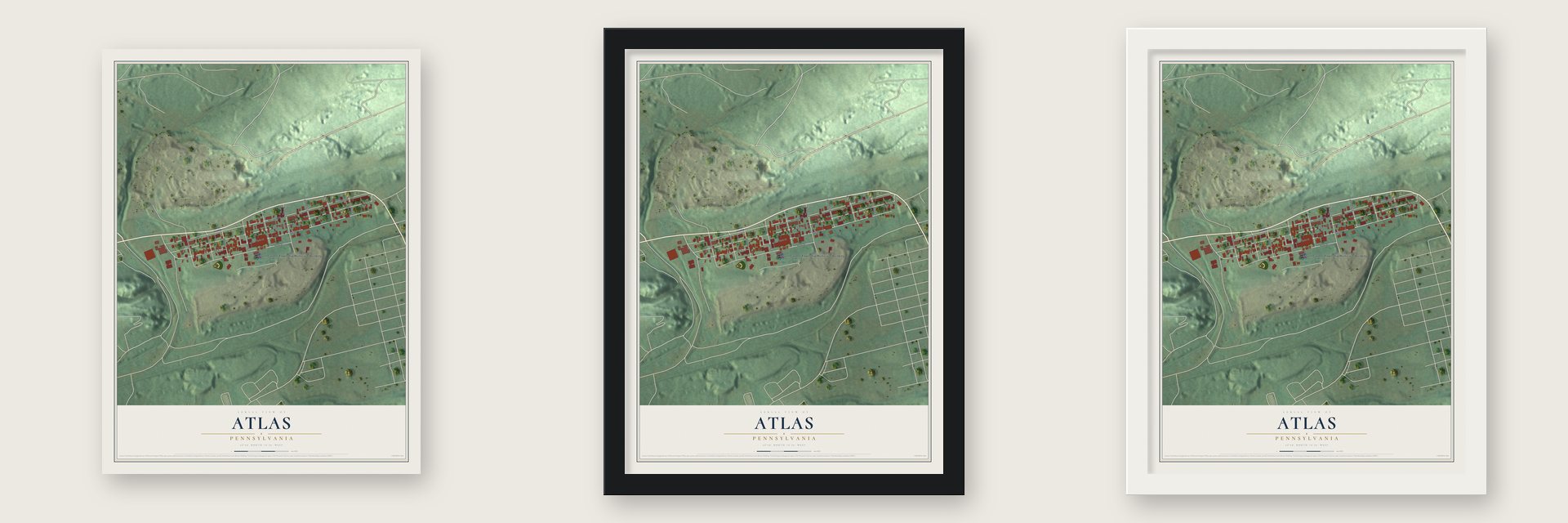 Atlas, Pennsylvania map unframed, in a black wood frame and in a white wood frame