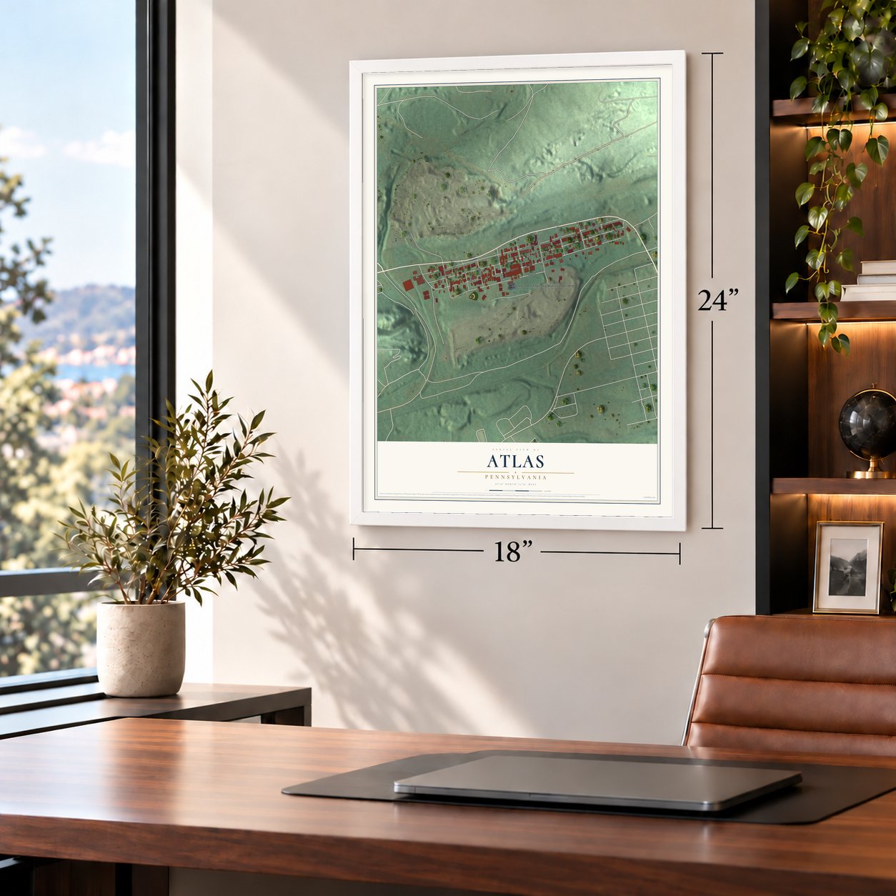 Atlas, Pennsylvania map, 18 x 24 inch print in a white frame in a home office