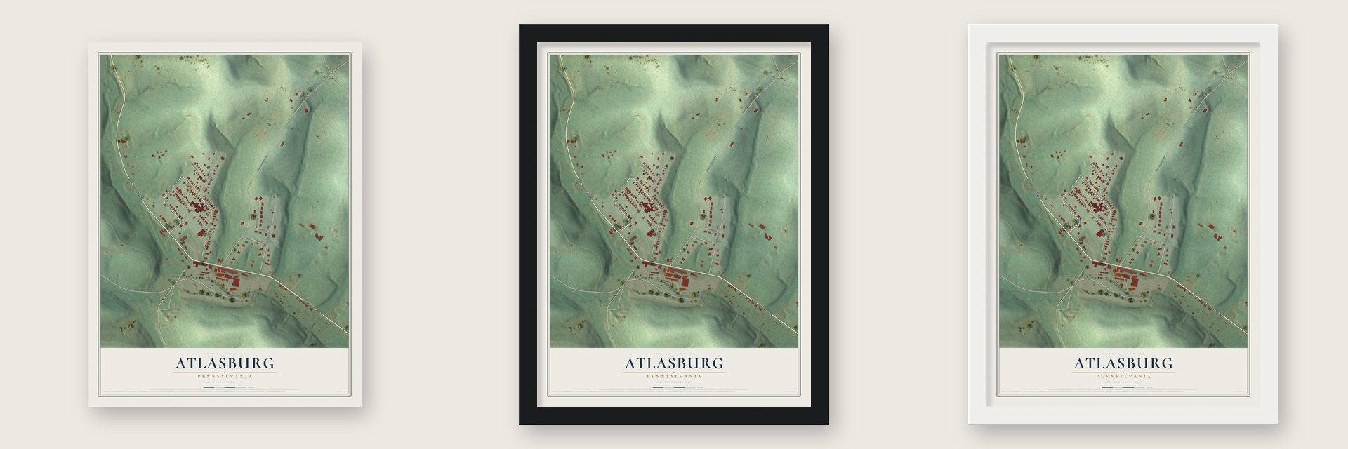 Atlasburg, Pennsylvania map unframed, in a black wood frame and in a white wood frame