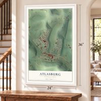 Atlasburg, Pennsylvania map, 24 x 36 inch print in a white frame by a staircase