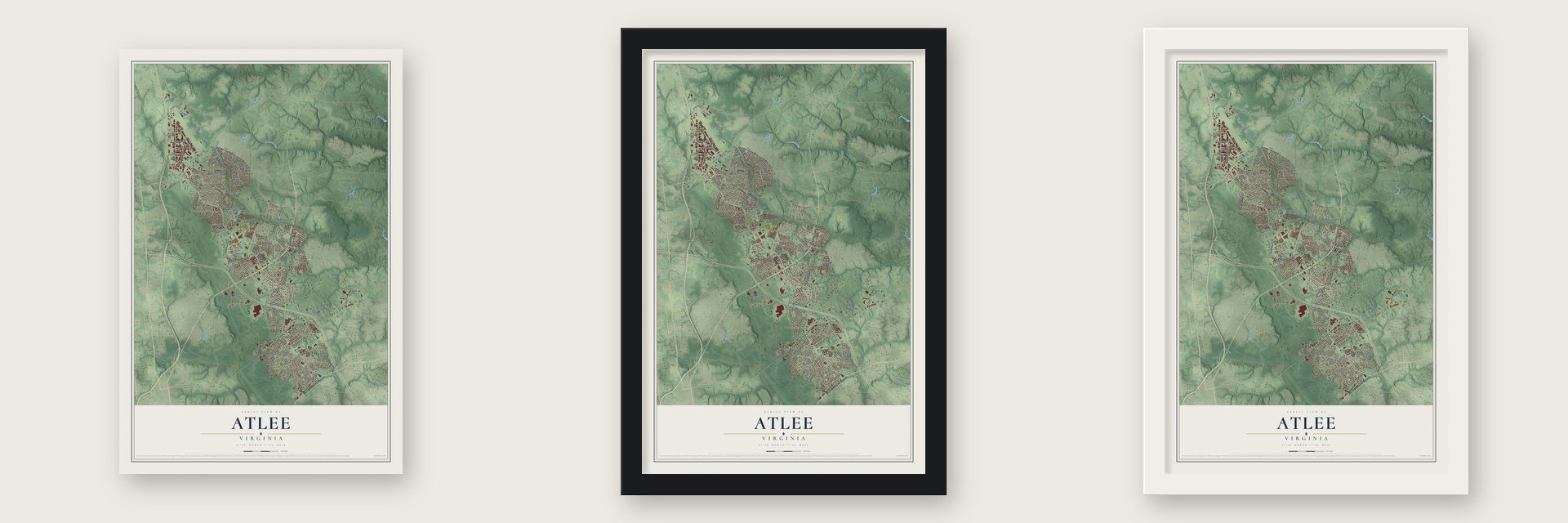 Atlee, Virginia map unframed, in a black wood frame and in a white wood frame