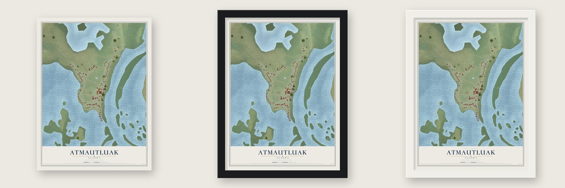 Atmautluak, Alaska map unframed, in a black wood frame and in a white wood frame
