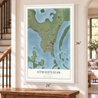 Atmautluak, Alaska map, 24 x 36 inch print in a white frame by a staircase