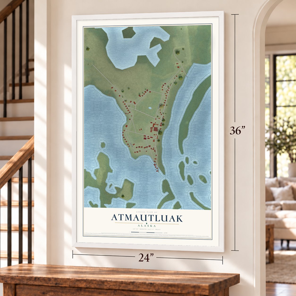 Atmautluak, Alaska map, 24 x 36 inch print in a white frame by a staircase