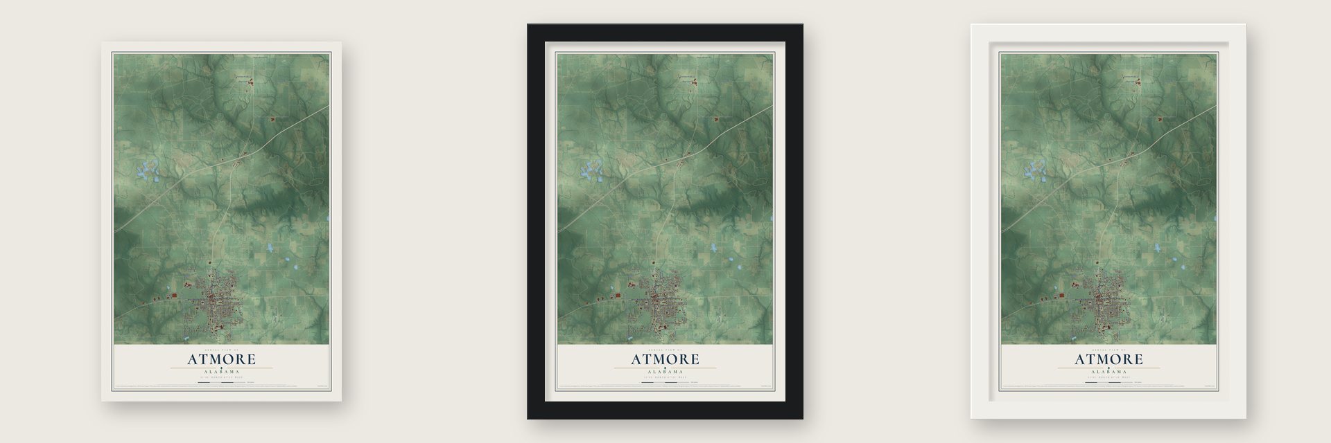 Atmore, Alabama map unframed, in a black wood frame and in a white wood frame
