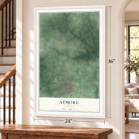 Atmore, Alabama map, 24 x 36 inch print in a white frame by a staircase