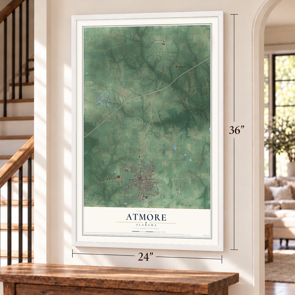 Atmore, Alabama map, 24 x 36 inch print in a white frame by a staircase